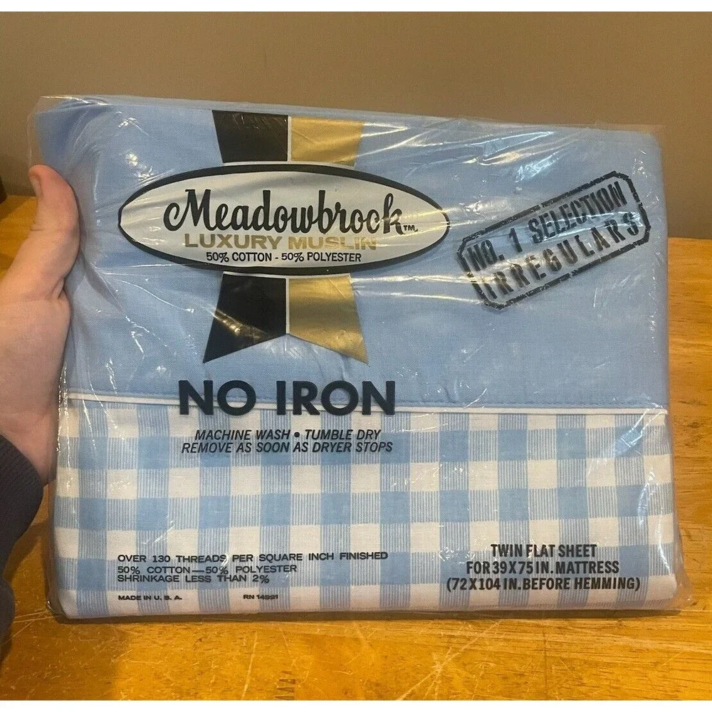 Vintage‎ Blue Check Twin Flat Sheet Meadowbrook Luxury Muslin No Iron New